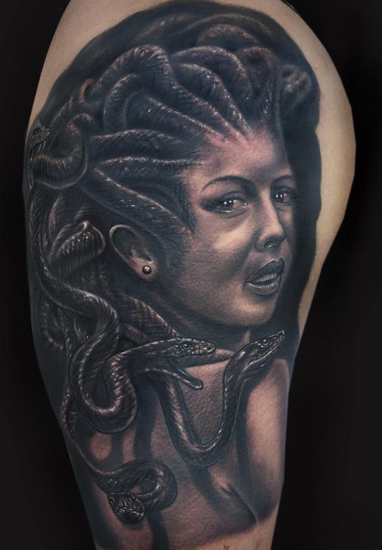 Mike DeVries Tattoos Black and Gray Medusa Tattoo